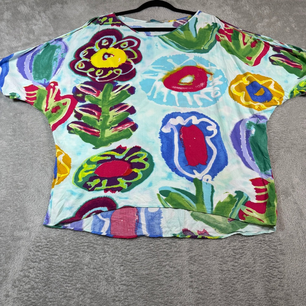Jams World Flower Field Top Women Medium Blue Floral Art To Wear W654-FLFI